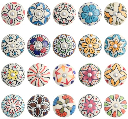 GlobeeCraft Boutons ceramique meuble peints à la main pour tiroirs, armoires et portes de cuisine - bouton de meuble vintage, bouton de commode coloré, lot de 20 pièces facile à assembler