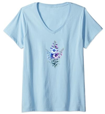 Damen Juli Geburtstag Geburt Monat Blume Rittersporn Aquarell T-Shirt mit V-Ausschnitt
