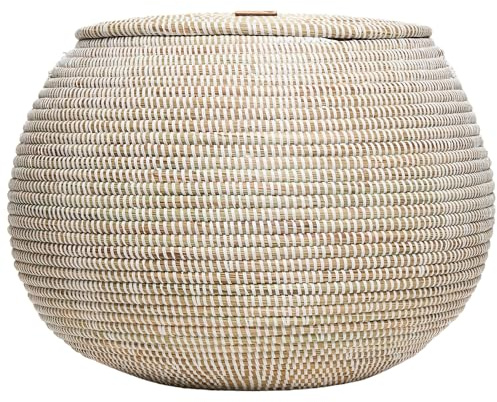 YAADU geflochtener Korb mit Deckel – Aufbewahrungskorb für Decken & Spielzeug, Afrikanischer Dekokorb, Höhe ca.35cm, Modell Kito (Weiß-Flach)