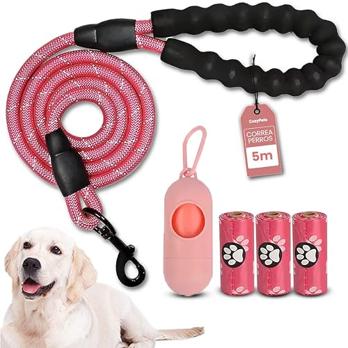 COZYPETS Laisse pour chiens moyens et grands – Laisse de base de 5 m avec poignée rembourrée pour dressage – Comprend 3 sacs pour excréments et distributeur – Durable et confortable