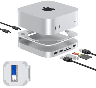 GEWOKLIY Mac Mini M4 Dock, Aluminium Ständer und Hub Mit M.2 NVMe SSD-Gehäuse, 2 x USB-A 10 Gbit/s, SD/TF-Kartenleser, USB 2.0 Daten (Silber) │Zubehör