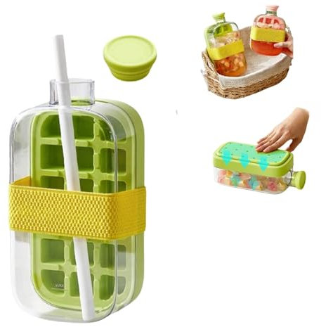 Botella de cubitos de hielo con popote, botella de agua 2 en 1, bandeja para cubitos de hielo con tapa y contenedor, cuerda de saltar rápida sin cuerda (A)