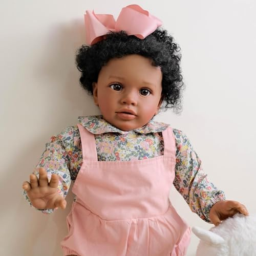 ROSHUAN 66 cm große Größe Reborn Todder Puppen Schwarz Reborn Kleinkind Mädchen Pippa Afroamerikanisch Realistische Babypuppe Weiches Tuch Beschwerter Körper Silikon Babies Puppe Spielzeug für Kinder