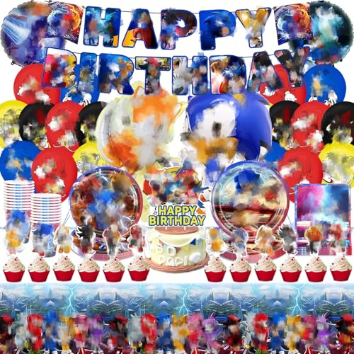 99 PCS Cartoon Birthday Party Decorations, Party Supplies Include Party Plates, Cups and Napkins, Happy Birthday Banners, Cake Topper, Tablecloth, Balloons, for Kids Boys Girls