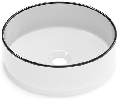 Vente-unique - Vasque à poser ronde en céramique - Blanc avec liseré noir - 36 cm - LENISO II