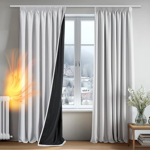 Deconovo 100% Verdunklungsvorhänge Blickdicht Vorhänge mit kräuselband Gardinen Wohnzimmer Vorhang Verdunkelung Thermovorhänge gegen Hitze Wärmeisolierend, H160 x B140 cm, Silber Grau, 2er Set