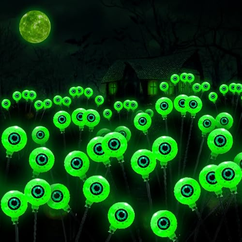 HuaMuDM Halloween Augapfel Gartenlichter, 2 Stück 16 LED Halloween Deko Solarlampen, LED Augapfel Gartenlichter Lichter, IP65 Wasserdicht Deko Lichterkette für Außen Garten