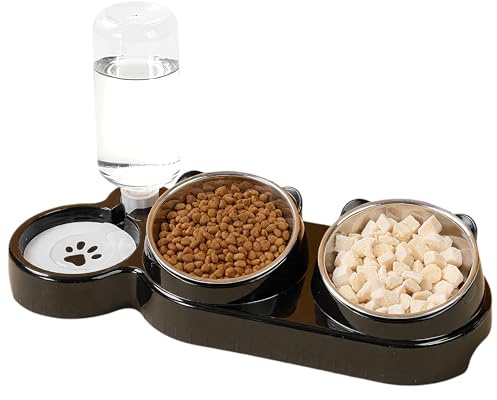 Katzennapf & Hundenapf Set, 3-in-1 Katzen Futternapf mit Wasserspender, Erhöhte Schüssel Edelstahl mit Ständer, Futterstation für Katzen und Kleine Hunde, Schwarz