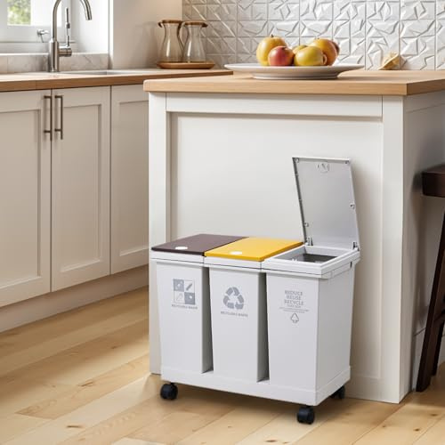 Warmiehomy 36L Triple Compartments Dry Wet Separation Kitchen Bin with Lid | Press-Open Lids, Detachable 3 Bins, with Wheels & Bag Pressure Ring, for Living Room & Bathroom, 51x28x43cm
