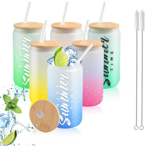 OGMBI 6 vasos de sublimación de color degradado esmerilado, 470 ml, tarros en forma de lata con tapa de bambú y pajita de cristal, vasos reutilizables de vidrio esmerilado para cerveza, zumo, café