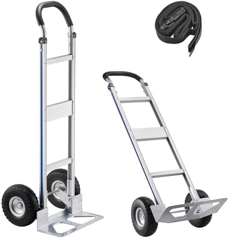 VEVOR Carretilla de Mano, Capacidad de Carga de 227 kg, Resistente, con Asa, de Aleación de Aluminio y Correa de Amarre, Apilable para Mudanzas, Oficinas y Almacenes, 480 x 500 x 1340 mm, Plata