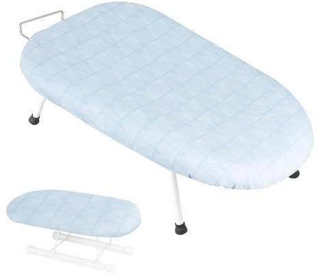 Small Tabletop Ironing Board 61 x36cm, Foldable Ironing Board with Sleeve Rack Non-Slip Folding Legs Sewing Accessory Print, For Smooth Pressing, Lightweight for Travel (Blue)