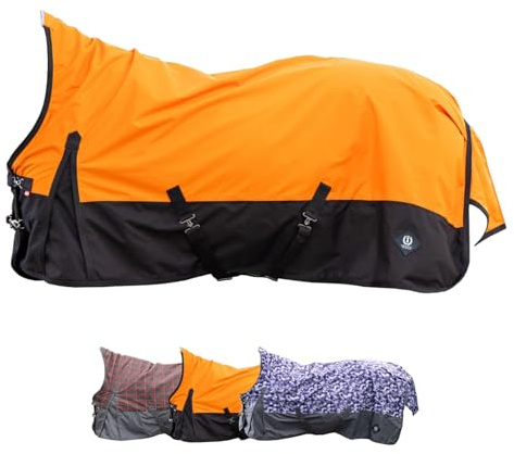 Imperial Riding - Outdoordecke High Neck 600D IRHCustomized – Regendecke – strapazierfähige & wasserdichte Weidedecke mit Baumwollfutter – Pferdedecke in Orange/Dark Brown – 155cm