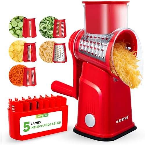 Nutrichef Râpe à Fromage 5 en 1 avec Base à Succion Forte – Râpeuse Rotative avec Verrou de Sécurité, Manivelle et 5 Lames Tambour pour Textures Fine, Moyenne, Épaisse, en Bandes et Tranches