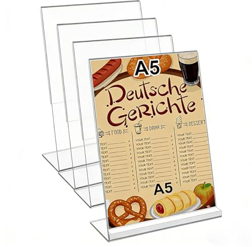 sengcengs 4 Stück A5 Tischaufsteller, Preisschilder Aufsteller, L-Ständer Hochformat Acryl Werbeaufsteller, Transparenter L Form Ständer, Restaurant, Büro, Cafés, Ausstellungen, Werbeaktionen