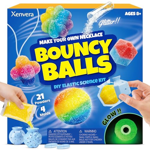 Xenvera Kit Balles Rebondissantes à Fabriquer - Enfant dès 8 Ans, 4 Moules | 21 poudres & 4 moules pour 26 balles, brille dans le noir, se porte en collier, kit scientifique cadeau anniversaire