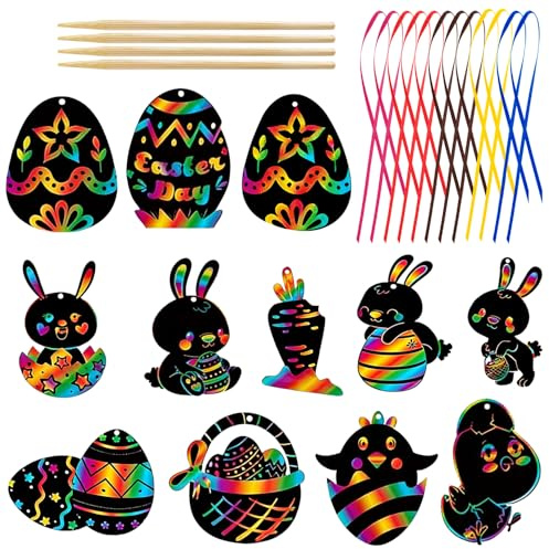 CENCERY 12 Pezzi Biglietti da Grattare di Pasqua a Forma di Uova, Kit Arte Scratch Arcobaleno per Bambini, Decorazioni Uova di Pasqua & Regalini Fine Festa (Stile 1)