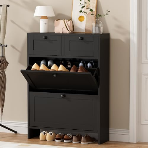 VOWNER Meuble Chaussures avec Tiroirs Armoire Entrée, Noir | 80 x 110 x 24 cm, Séparateurs Réglables, Commode de Rangement pour Chaussures
