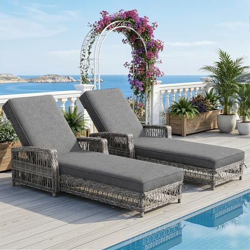 ECLIVON Sonnenliege aus Rattan (2 Set), Liege mit Verstellbarer Rückenlehne, Outdoor Liegestuhl für Garten, Gartenliege mit Polster, Relaxsessel, Relaxliege für Terrasse, Balkon, Gartenmöbel, Grau