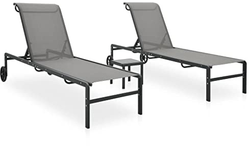 GeenYuu Sonnenliegen 2 STK mit Tisch aus Stahl und Textilene, verstellbare Rückenlehne, klappbar, wetterfest, ideal für Garten, Terrasse, Pool und Balkon, inklusive Rollliege und Beistelltisch
