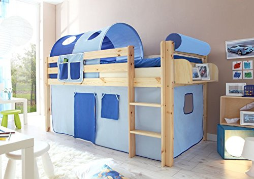 Hochbett Spielbett Malte Kiefer massiv Natur, Vorhangstoff:Hellblau Dunkelblau