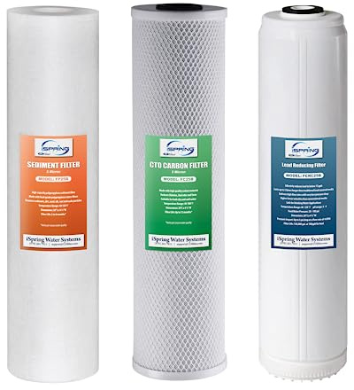 iSpring F3WGB32BPB Filtre à eau de rechange en 3 étapes pour toute la maison avec cartouches de sédiments, bloc de carbone et réduction de plomb, compatible avec WGB32B-PB, blanc