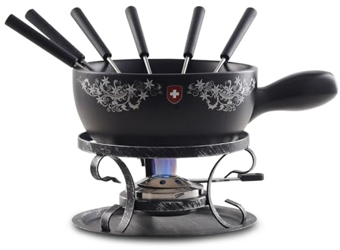 Artestia Cheese & Chocolate Fondue Pot Set, 2.1 Quart Ceramic Swiss Design Fondue Set for 6 with Burner & Forks, Stove Top Safe, Perfect for Party, Family Gathering & Gift