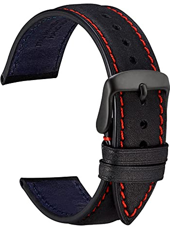 WOCCI 22mm Nubuk Leder Uhrenarmband mit Schwarz Edelstahlschnalle, Schnellverschluss Armband für Damen und Herren (Schwarz)