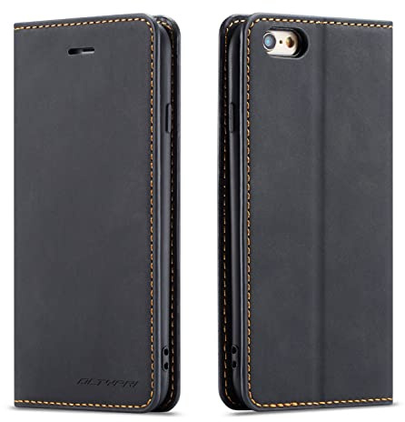 QLTYPRI Hülle für iPhone 6 iPhone 6S, Premium Dünne Ledertasche Handyhülle mit Kartenfach Ständer Flip Schutzhülle Kompatibel mit iPhone 6 iPhone 6S - Schwarz
