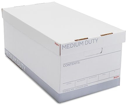 STAPLES Storage & Filing Box, Medium-Duty with Handles & Removeable Lid, Letter Size Documents, Stackable, 12-Pack, White/Gray