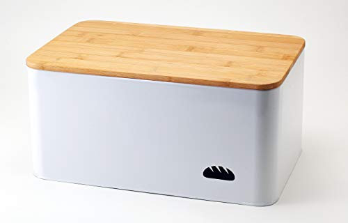Hanseküche Brotkasten mit Bambus Schneidebrett - Brotbox aus Metall mit viel Platz und Holzdeckel - Brotbehälter, Brotdose (L) - 33 x 21 x 15cm