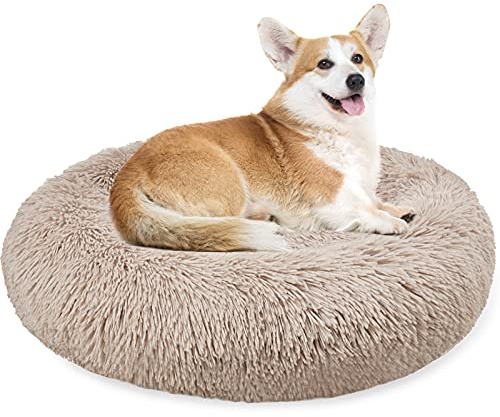 Enjamoy Medium Dog Bed Donut Calming Pet Bed, Brown 70cm | Large Cat Bed Round Pet Cushion for Dogs & Cats, Long Plush Anti Anxiety, Non Skid Bottom, Machine Washable
