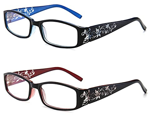 KoKoBin 2 stueck Damen Ultraleichte Lesebrille elegantes Anti-Blau-Licht mit Blumenspiegelfüßen kleine Lesebrille +1.5