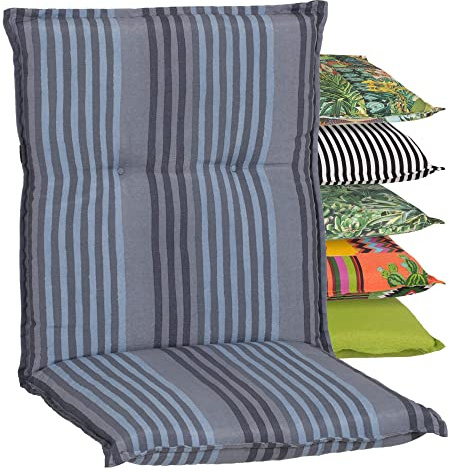 Beo Coussin d’extérieur Dossier Bas Turin | Fabriqué en UE qualité Premium | Coussin Fauteuil Jardin résistant aux UV et Lavable | Coussin pour Chaise de Jardin Respirant | Rayures Bleu Gris