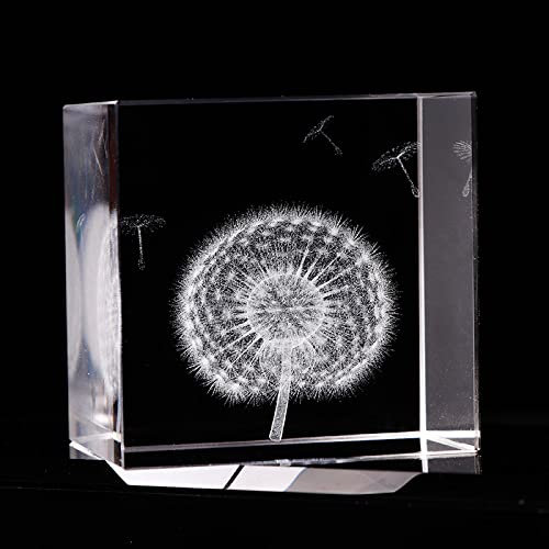 HUANSUN 3D Lasergravur Löwenzahn Würfel Dekoratives Zubehör Briefbeschwerer Kristall Handwerk Ornament Figuren,6cm