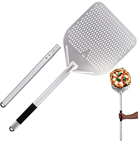 The Italian Kitchen 13 Perforated Pizza Peel With Extended Adjustable Handle 45.7 or 29.7 Lengths - Professional 13 x 16.7 in Metal Pizza Peel Paddle