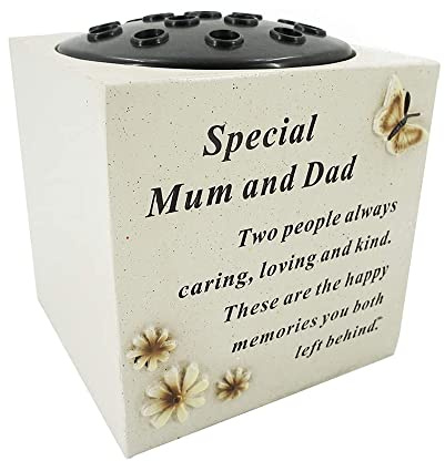 OnlineStreet Grave Vase Rose Bowl with Butterfly and Flowers - Memorial Flower Holders Ornament, Engraved with a Funeral Verse, Weatherproof-Grave Decoration Ornament 14 x 15 cm (Mum and Dad) (13974)