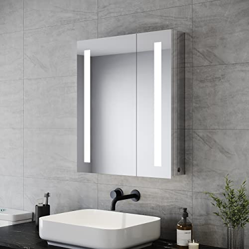 SONNI Spegelskåp badrum med belysning 60 cm brett rostfritt stål LED dubbla dörrar badrumsskåp, med uttag och vippbrytare, gångjärnsdesign, för badrum IP44 vattentät