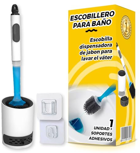 Escobilla Baño con Dispensador Jabon - Escobilla Recargable Inodoro - Escobillas de Baño de Silicona Rellenable de Jabón - Escobillero de Suelo o Pared con Soportes Adhesivos y Bandeja Extraíble