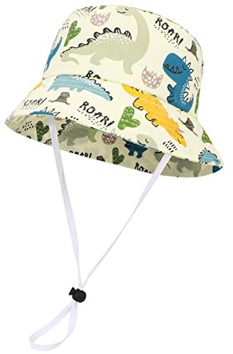 Jupsk Sombrero de Cubo para Niños, Sombrero de Verano para el Sol, Sombrero de Playa con Protección Solar, Sombrero de Aventura con Correa Ajustable, Patrón de Dinosaurio para 1 a 4 Años