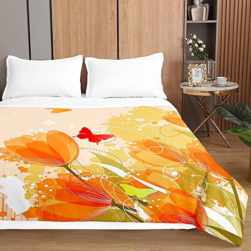 Chickwin Tagesdecke Bettüberwurf Steppdecke, Elegant Tulpe Blumen Drucken Leichte Tagesdecken Wohndecke aus Gesteppt Bettdecke Bettbezug für Einzelbett Doppelbett (230x260cm,Orange)