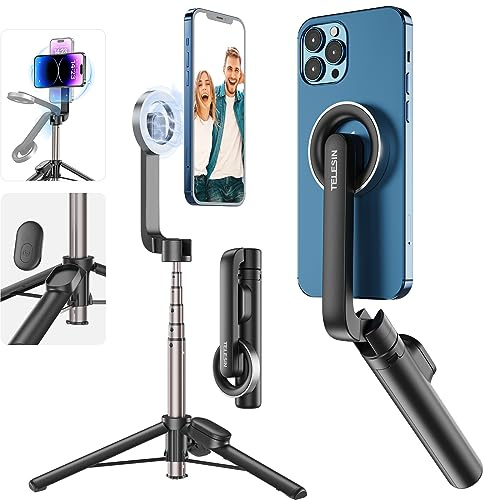 TELESIN Handy Selfie Stick & Stativ Ständer, Magnetische Handyhalter mit Abnehmbarer Bluetooth Fernbedienung, Smartphone Stative, Kompatibel für Mag Safe, Handystativ Kompatibel mit iPhone Android