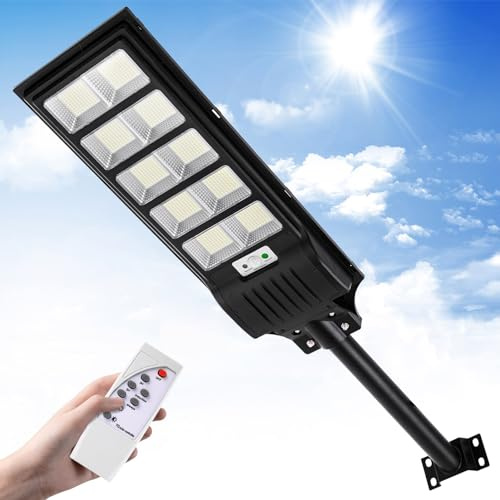 Viugreum 500W Réverbères Lampadaire Solaire Exterieur avec Télécommande-6500K Spot Solaire Extérieur Détecteur de Mouvement-900 LEDs IP66 Etanche LED Réverbères Solaire pour Jardin Patio Rue