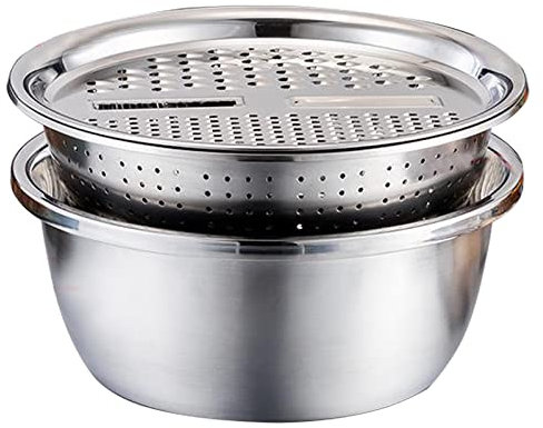 YIWENG 3 en 1 bassin de cuisine râpe passoire polyvalente trancheuse coupe-déchiqueteuse avec couvercle trancheuse en acier inoxydable mandoline riz lavage pâtes mélange pâte pétrissage bols avec pass