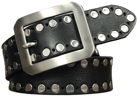 WRJAHCG Herren Gürtel Nietengürtel, Gürtel Herren Leder Punk Dornschließe Verstellbare, Vintage Breiter Hip Hop Echtledergürtel Motorrad mit Metallschnalle Edelstahl,Schwarz,115CM/45.3''