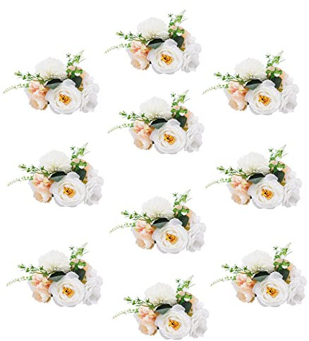 OUBUBY Kunstblumensträuße, Blumenarrangements Hortensien Hochzeitstisch Blumendekorationen Geköpfte Plastikrosen mit Sockel Geeignet für Hochzeiten Partydekorationen (10 Stück)
