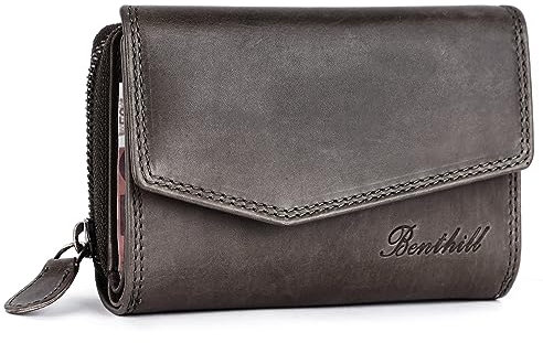 Benthill Damen Geldbörse Echt Leder - Portemonnaie mit RFID Schutz - Portmonee viele Kartenfächer - Echtleder Vintage Damenbörse inkl. Geschenkbox, Farbe:Grau