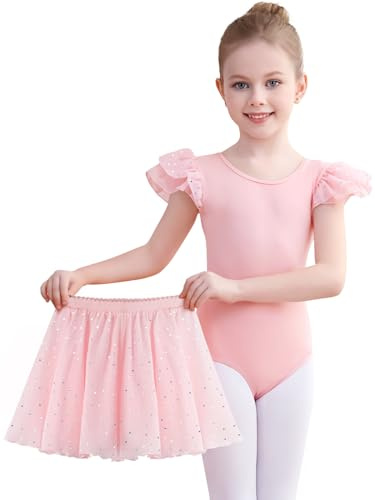 Comfyouth Ballet Leotard for Girls Toddler Shiny Ballet Dress Ruffle Sleeves Dance Leotard with Removable Skirt Kids Dance Outfit for 2-11 Years Pink