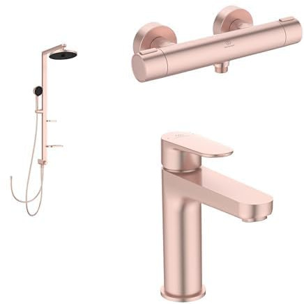 Set aus Ideal Standard BD585RO Alu+ Duschsystem, Rosé + BD582RO Alu+ Brausethermostat + BD131RO Cerafine O Waschtischarmatur mit Push-Open-Ventil