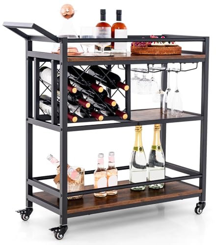 GIANTEX Serveringsvagn barvagn med hjul, köksvagn 3 nivåer med vinställ och glashållare, låsbar rullvagn med handtag, kökshylla sidovagn industriell design, vinvagn 91 x 36 x 92 cm